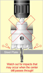 Watch out for impacts that may occur when the center drill passes through!