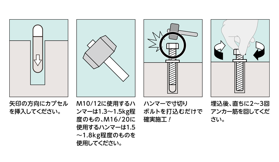 ハンマーで寸切りボルトを打込むだけで確実施工！